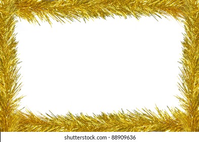 Gold Christmas Tinsel Garland, Forming A Rectangular Frame With Center Copy Space