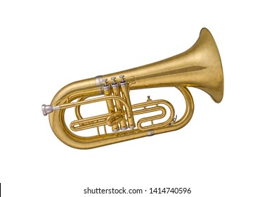 Gold classical wind musical instrument cornet isolated on white background. Music instruments series