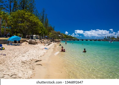 Gold Coast, AUS - JAN 12 2019: People Enjoying Beach Activities At Famous Family Beach At Tallebudgera Creek  Gold Coast, Queensland, Australia