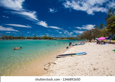 Gold Coast, AUS - JAN 12 2019: People Enjoying Beach Activities At Famous Family Beach At Tallebudgera Creek  Gold Coast, Queensland, Australia