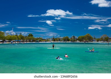 Gold Coast, AUS - JAN 12 2019: People Enjoying Beach Activities At Famous Family Beach At Tallebudgera Creek  Gold Coast, Queensland, Australia