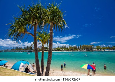 Gold Coast, AUS - JAN 12 2019: People Enjoying Beach Activities At Famous Family Beach At Tallebudgera Creek  Gold Coast, Queensland, Australia