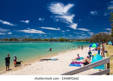 Gold Coast, AUS - JAN 12 2019: People Enjoying Beach Activities At Famous Family Beach At Tallebudgera Creek  Gold Coast, Queensland, Australia