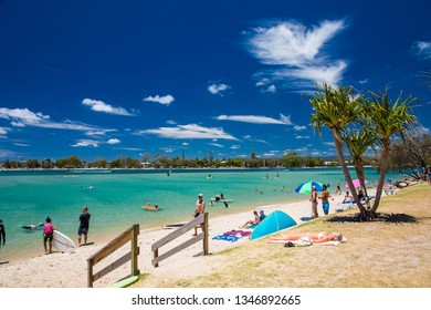 Gold Coast, AUS - JAN 12 2019: People Enjoying Beach Activities At Famous Family Beach At Tallebudgera Creek  Gold Coast, Queensland, Australia