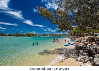 Gold Coast, AUS - JAN 12 2019: People Enjoying Beach Activities At Famous Family Beach At Tallebudgera Creek  Gold Coast, Queensland, Australia