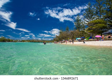 Gold Coast, AUS - JAN 12 2019: People Enjoying Beach Activities At Famous Family Beach At Tallebudgera Creek  Gold Coast, Queensland, Australia