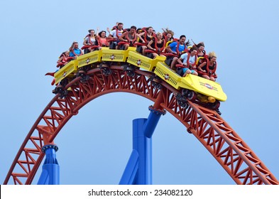 GOLD COAST, AUS -  NOV 06 2014:Visitors Ride On Superman Escape In Movie World Gold Coast Queensland Australia.It's An Accelerator Coaster That Accelerates From 0 To 100 Km Per Hour (62 Mph) In 2 Sec.