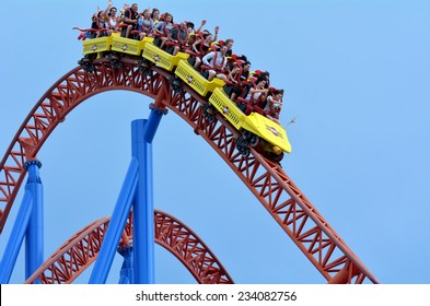 GOLD COAST, AUS -  NOV 06 2014:Visitors Ride On Superman Escape In Movie World Gold Coast Queensland Australia.It's An Accelerator Coaster That Accelerates From 0 To 100 Km Per Hour (62 Mph) In 2 Sec.