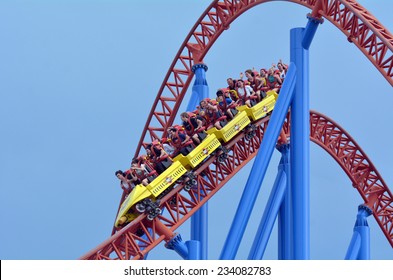 GOLD COAST, AUS -  NOV 06 2014:Visitors Ride On Superman Escape In Movie World Gold Coast Queensland Australia.It's An Accelerator Coaster That Accelerates From 0 To 100 Km Per Hour (62 Mph) In 2 Sec.