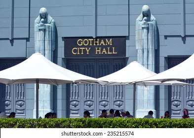 GOLD COAST, AUS - NOV 06 2014:Visitors at Gotham city hall in Movie World Gold Coast, Australia.It's a fictional American city in comic books published by DC Comics, best known as the home of Batman.