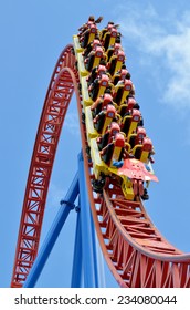 GOLD COAST, AUS -  NOV 20 2014:People Ride On Superman Escape In Movie World Gold Coast Queensland Australia.It's An Accelerator Coaster That Accelerates From 0 To 100 Km Per Hour (62 Mph) In 2 Sec.