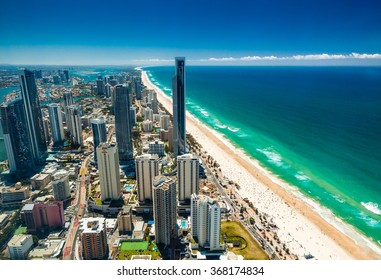 GOLD COAST, AUS - OCT 04 2015: Aerial view of the Gold Coast in Queensland Australia looking from Surfers Paradise north towards Brisbane.