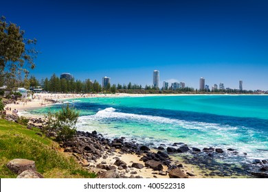 GOLD COAST, AUS - OCT 4 2015: Gold Coast skyline and surfing beach visible from Burleigh Heads, Queensland
