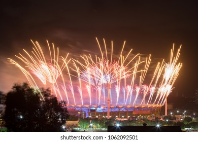 GOLD COAST, AUSTRALIA - APRIL 04, 2018:  Fireworks over Metricon stadium where opening ceremony of the XXI Commonwealth Games took place