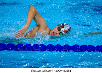 GOLD COAST, AUSTRALIA - APRIL 05, 2018: Athlete swimming during 2018 Gold Coast Commonwealth Games at Gold Coast Aquatic Centre.
