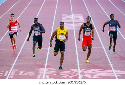 GOLD COAST, AUSTRALIA - APRIL 08, 2018: Yohan Blake of Jamaica (C) compete in the athletic's men's 100m heats during the 2018 Gold Coast Commonwealth Games at the Carrara Stadium.