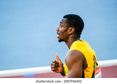 GOLD COAST, AUSTRALIA - APRIL 08, 2018: Yohan Blake of Jamaica compete in the athletic's men's 100m heats during the 2018 Gold Coast Commonwealth Games at the Carrara Stadium.