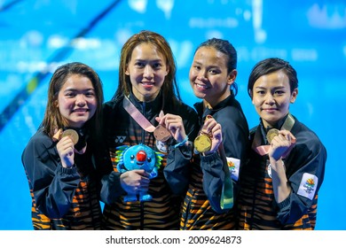 GOLD COAST, AUSTRALIA - APRIL 11, 2018: Jun Hoong Cheong and Pandelela Rinong Pamg, Mun Yee Leong and Nur Dhabitah Sabri of Malaysia, 10m Platform Diving of the Gold Coast 2018 Commonwealth Games.