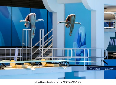 GOLD COAST, AUSTRALIA - APRIL 11, 2018: Alicia Blagg and Katherine Torrance of England in action during the Women's Synchronised 3m Springboard Final Gold Coast 2018 Commonwealth Games.