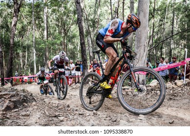 GOLD COAST, AUSTRALIA - APRIL 12: Leandre BOUCHARD (CAN) tackles the hills during the Men's Cross Country Mountain Biking on April 12th 2018
