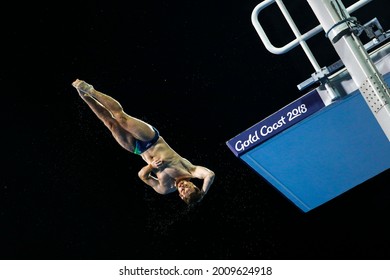 GOLD COAST, AUSTRALIA - APRIL 14, 2018: Declan Stacey of Australia competing in the Men's 10m Platform Diving final of the Gold Coast 2018 Commonwealth Games.