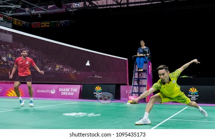 GOLD COAST, AUSTRALIA - APRIL 15, 2018 : Lee Chong Wei of Malaysia competes against Srikanth Kidambi of India during the men's singles final match Gold Coast 2018 Commonwealth Games at Carrara.