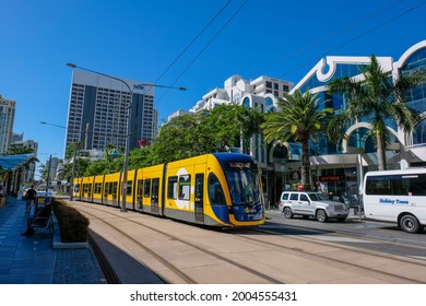 GOLD COAST, AUSTRALIA - APRIL 16, 2018: A Tram at Surfers Paradise. G:link, also known as the Gold Coast Light Rail, is a light rail system serving the Gold Coast in Queensland, Australia.