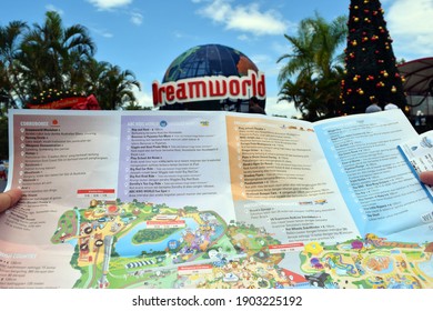 Gold Coast, Australia - December 26, 2017: Dream World Map With Blurry Front Gate Background, A Popular Destination For Summer Holiday.