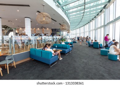 Gold Coast, Australia - January 6, 2019: People Enjoying Cafe And Viewing Platform At Skypoint Observation Desk