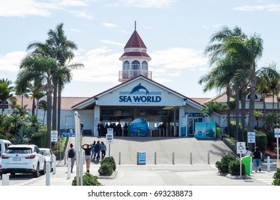 Gold Coast, Australia - July 11, 2017: entrance to Sea World amusement park at Main Beach on the Gold Coast, a popular tourist attraction.