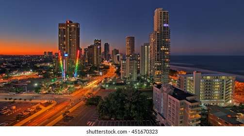 GOLD COAST, AUSTRALIA - JUNE 9, 2016: Evening View Of Surfers Paradise From Mantra On View Hotel Balcony