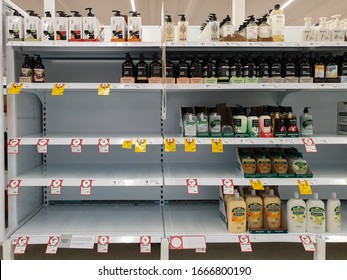 Gold Coast, Australia - March 8, 2020: Coles Supermarket Empty Hand Wash Soap Shelves Amid Coronavirus Fears, Shoppers Panic Buying And Stockpiling Hand Wash Soap And Hand Sanitizer, Empty Shelves