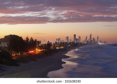 Gold Coast Elevated View At Sunset.