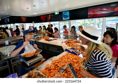 GOLD COAST - OCT 05 2014:Tourist And Australians Buy Sea Food In Charis Seafood In Labrador,Queensland. It's One Of The Most Famous And Largest Seafood Outlets In The Gold Coast Queensland, Australia.