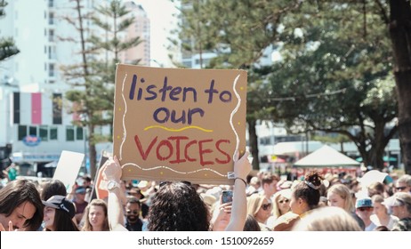 Gold Coast, QLD / Australia - September 20, 2019 :  Youth Protesters Joining Global Climate Strike,  School Strike 4 Climate  For Political Action On Urgent Climate Change, Listen To Our Voices