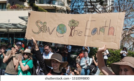 Gold Coast, QLD / Australia -September 20, 2019 :  Youth Protesters Joining Global Climate Strike,  School Strike 4 Climate  For Political Action On Urgent Climate Change, SAVE THE EARTH