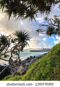 GOLD COAST, QUEENSLAND, AUSTRALIA - DECEMBER, 2018: Stunning view of Palm Beach visible through the green trees in Burleigh Heads National Park.