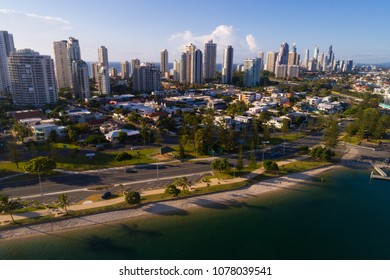 Gold Coast, Queensland/Australia - 27 April 2018: View looking South from the Broadwater towards Surfers Paradise. 