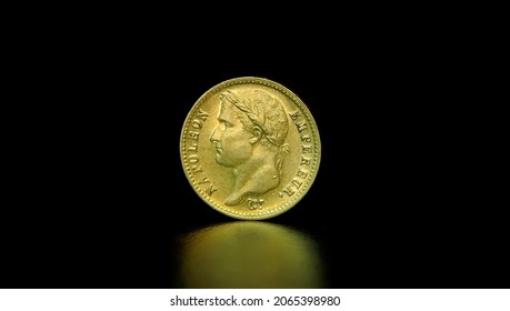 
Gold coin 20 francs Napoleon Bonoparte, in the center on a black background		 - Powered by Shutterstock