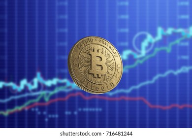 Gold coin Bitcoin on a background of business charts, blue background. The concept of crypto currency. Blockchain technology. Mixed media.