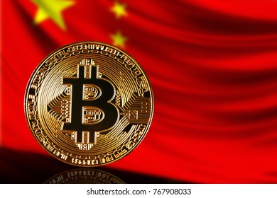 Gold Coin Bitcoin On A Background Of A Flag China