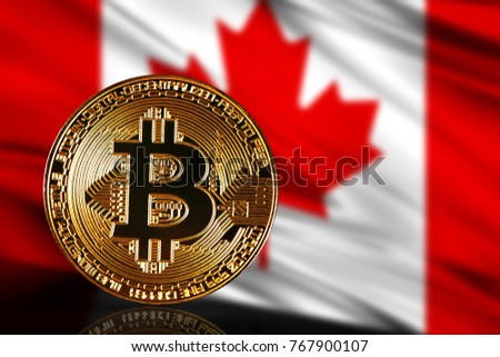 gold coin bitcoin on a background of a flag Canada