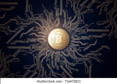 Gold Coin Bitcoin On A Black Background. The Concept Of Crypto Currency. Blockchain Technology. Mixed Media.