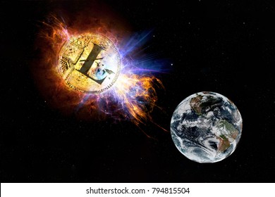 Gold coin of litecoin falls to the ground from space. Litecoin attack earth. Elements of this image furnished by NASA.
