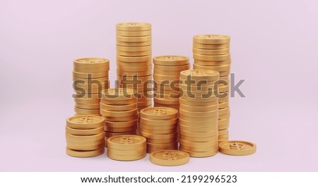 Gold coin stacks with dollar sign on white background. Banking and finance concept. 3D rendering