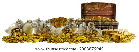 A lot of the gold coins and gold bar would be stacked outside and inside an old iron chest. The chest may be rusty and worn, with visible signs of age and wear and tear on a white background