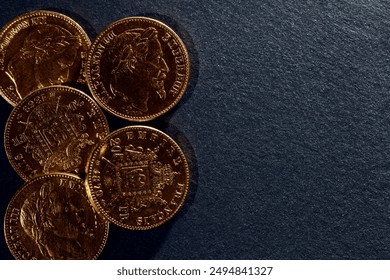 Gold coins of Napoleon III Emperor France on dark background - Powered by Shutterstock