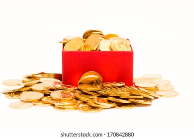 gold coins in red box