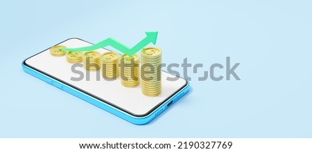 Gold coins stack graph with green arrow up on blue phone background. Mobile banking and online payment service, e commerce. Steps to success. Saving wealth and business financial concept. 3d render