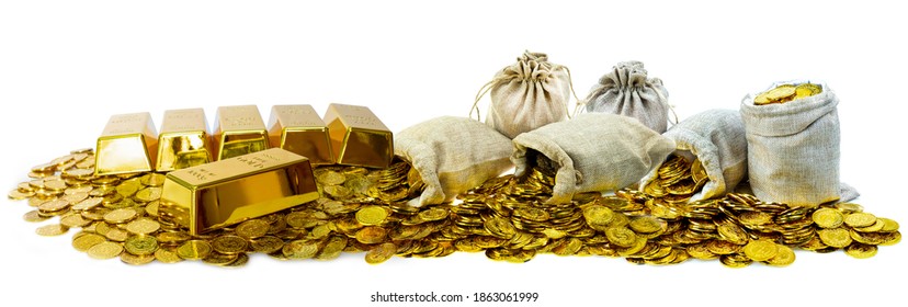 a lot of gold coins are stacked on top of each other in a treasure sack and a gold bar is placed next to it all on a white background